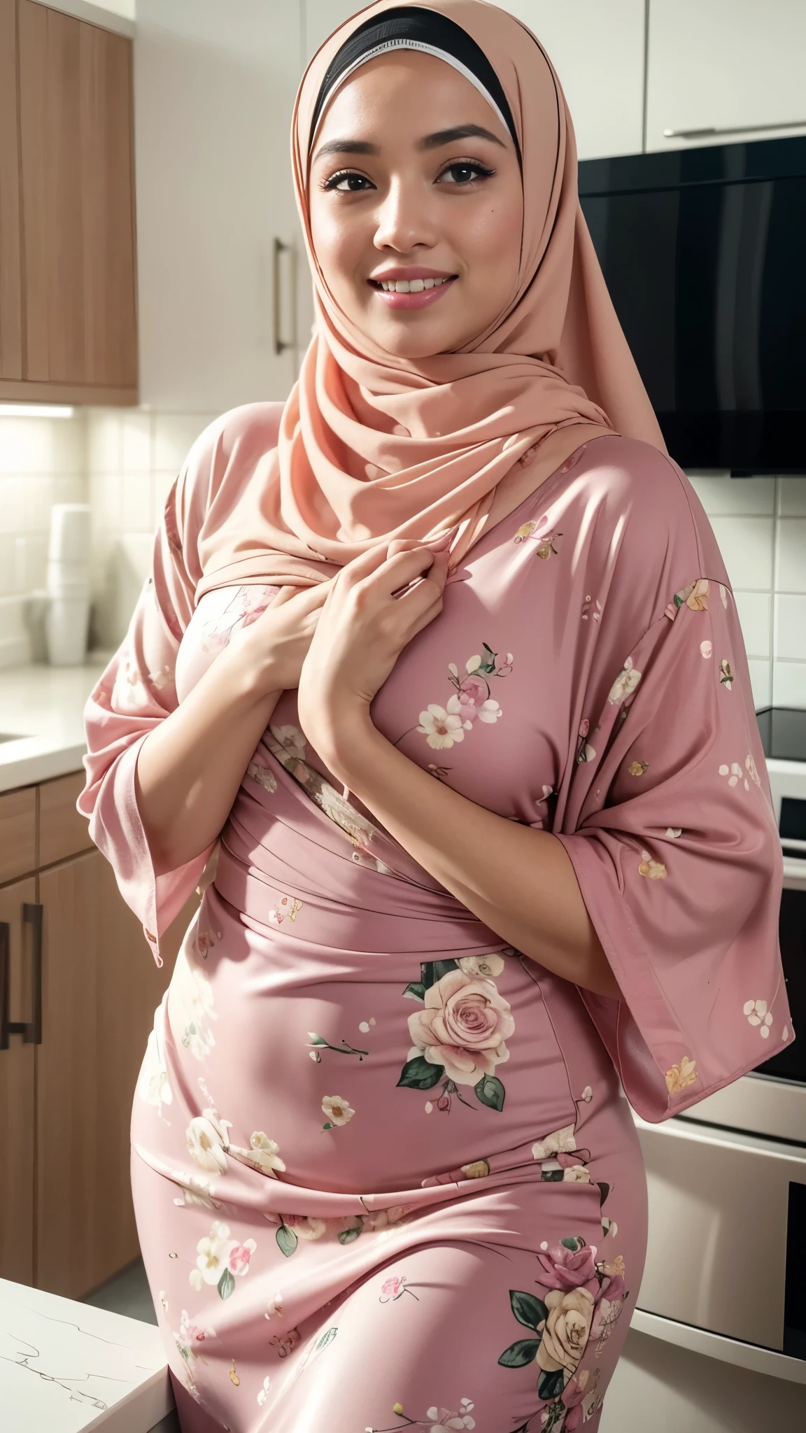 RAW, Best quality, high resolution, masterpiece: 1.3),  beautiful Malay woman in hijab :0.8), beautifull face, big eyes, glossy lips,thick thighs, beautiful malay girl in pastel color hijab taking picture in tradisional kitchen, wear pastel red and yellow floral pattern baju kurung, (huge breasts) ,friendly and laughing situation, laughing, happy, modern pastel color kitchen, detailed skin texture, soft lighting, pastel color theme, high quality, movie shot framing, ultra detail, 8k, 8mm, Close-up shot, cool-toned color grading, depth of field, film noir, high quality, ultra detail, 8k resolution,beautifull buttocks, from behind, looking at the audience, looking back, facial details, double eyelids, soft smiling, (glossy lips:1.1), (beautiful eyes:1.1),