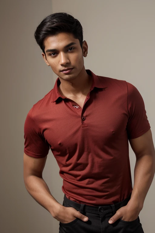 Photorealistic shot of a skinny 19 year old skinny indian man in a red shirt and black pants posing for a picture, wearing a red button up shirt, lean man with brown tan skin, male skinny model, 19 year old black indian male, full body portrait shot, handsome chin, wearing a red shirt, mid-shot , wearing red shirt, well-groomed model, young man with very short hair, handsome male, medium shot portrait, short combed hair, professional look, lean body, office look, gradient background, standing still,