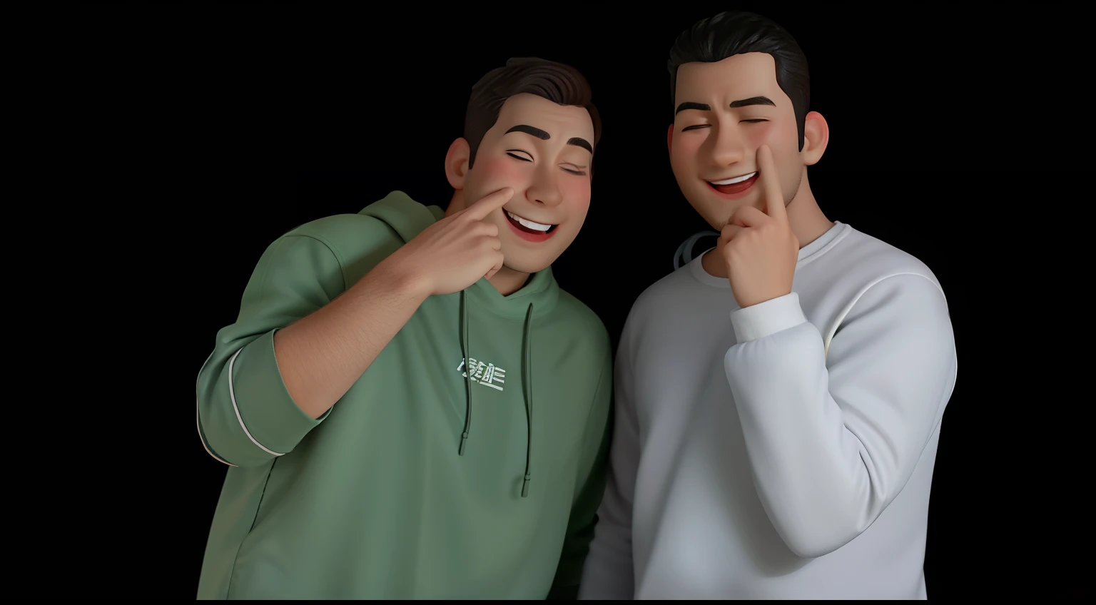 Create a Pixar-style illustration showcasing two male characters standing side by side. One character, visually impaired, is depicted with closed eyes or wearing a blindfold, standing confidently with a relaxed posture. The other character, with a lively expression, points towards his own eyes with a playful smile. Both figures are dressed in colorful outfits and are portrayed in full-body shots, exuding a friendly and energetic attitude."