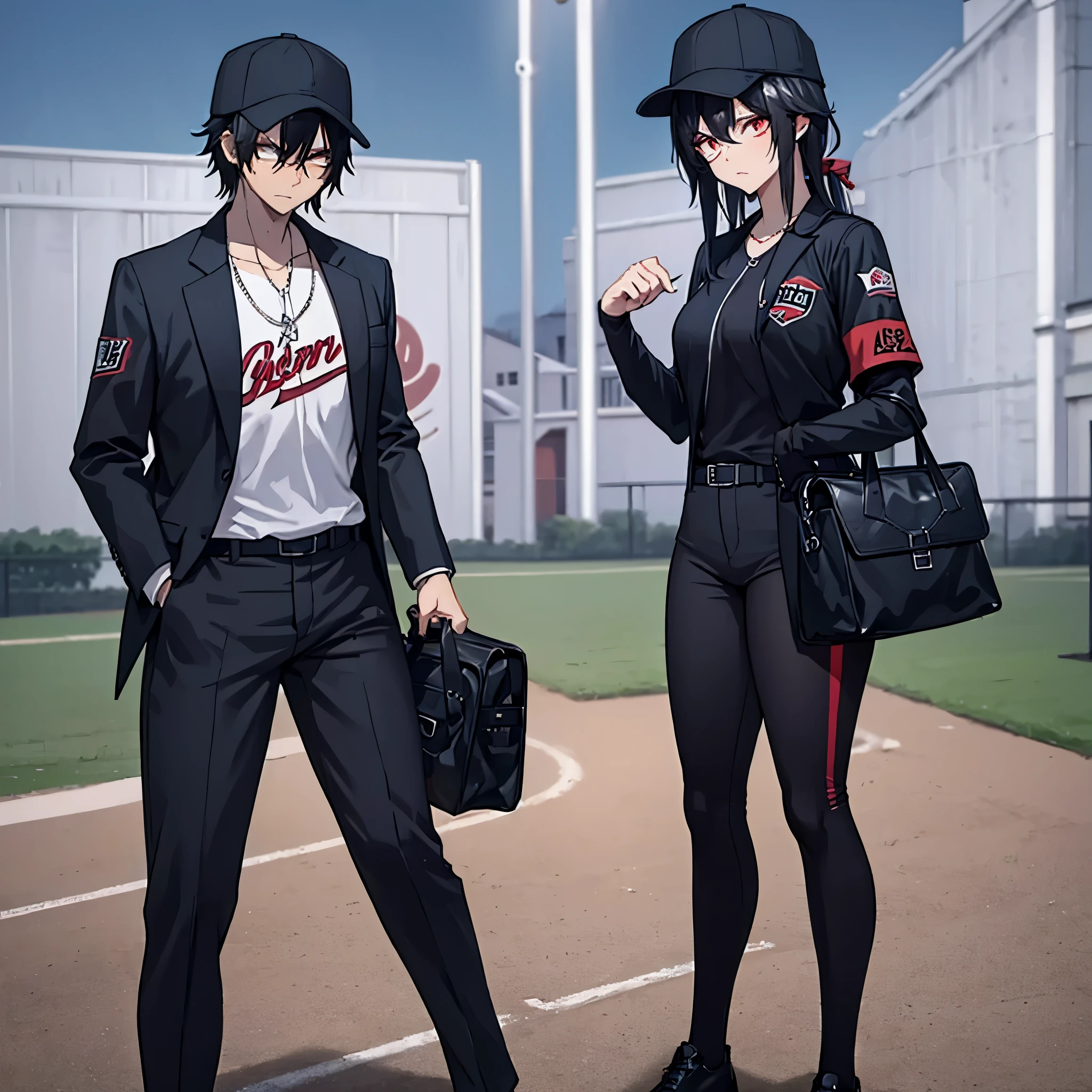 A man in a black baseball outfit together with a woman (red eyes) in a baseball outfit on the baseball field at night