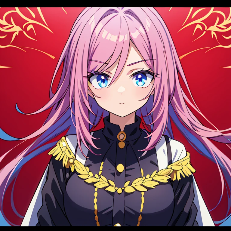 Imagine Personagem feminino,cabelo longo,cheio e ondulado de cor castanho escuro, seus olhos castanhos escuro, cor da pele parda, in anime version, de cores das veste, preto e rosa,  uma personagem feminina estilo anime com uniforme colegial.