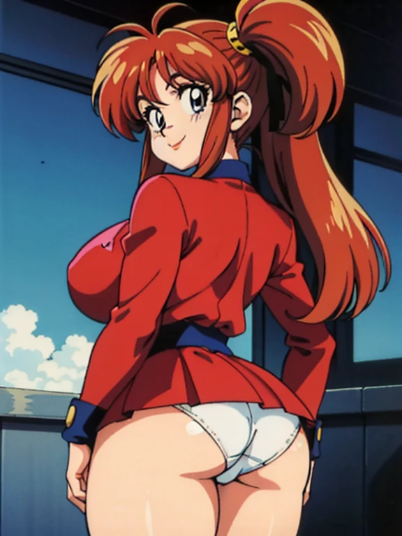 Anime girl with chestnut hair looking to the camera, smile, 90's anime vibe, 80s anime art style, In the art style of 80's anime, Anime aesthetics of the 90s, retro anime girl, 1980's anime style, 90's anime art style, 80s anime style, retro anime images,best quality,8K, beautiful,(white panties、Panty shot:1.2、mini skirt)、big breasts、plump body、back view、look back、whole body、Clothes、