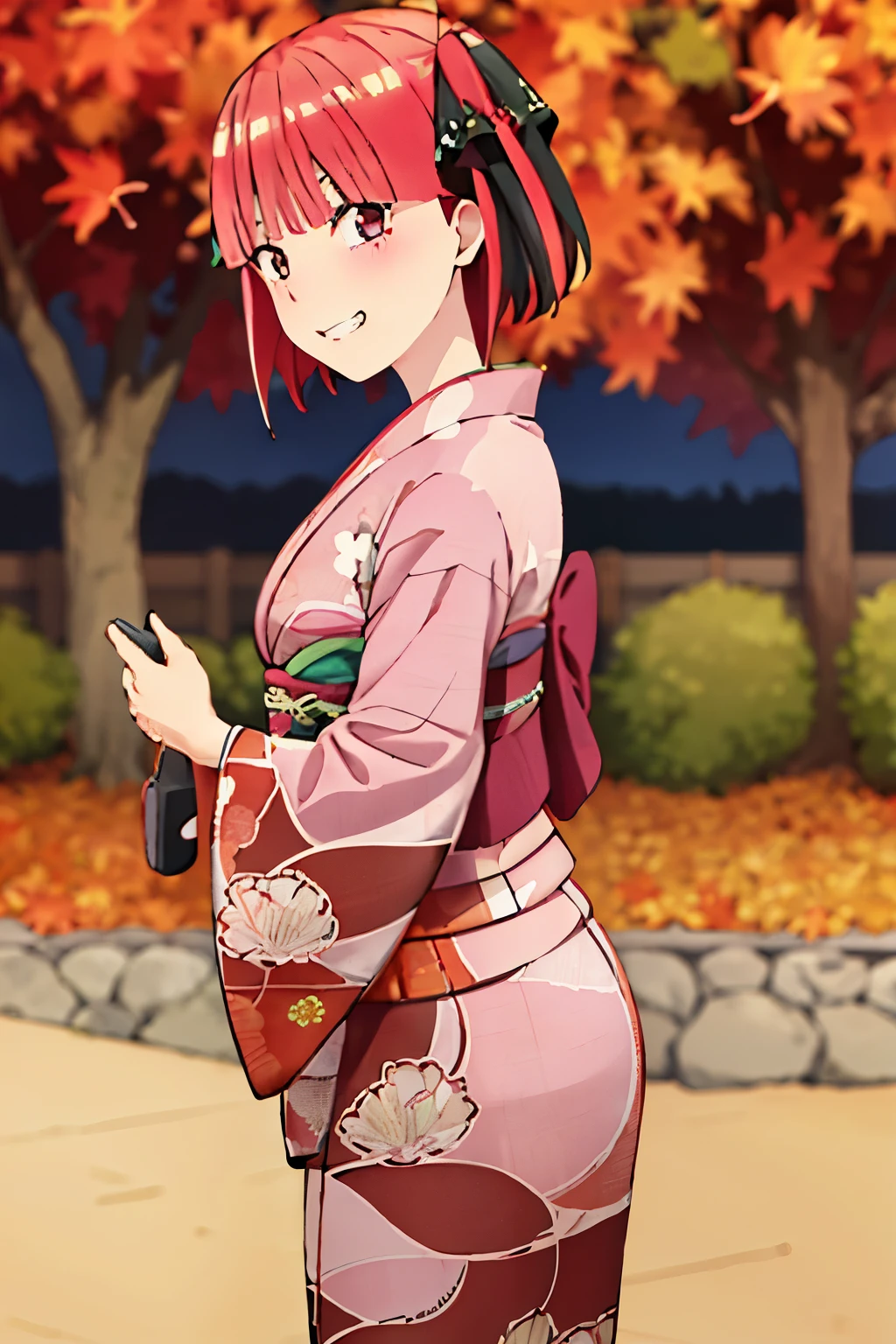 masterpiece, best quality, ((in autumn)),maple tree, falling leaveluttering leaves), grin, beautiful detailed pink yukata, japanese print, looking at viewer