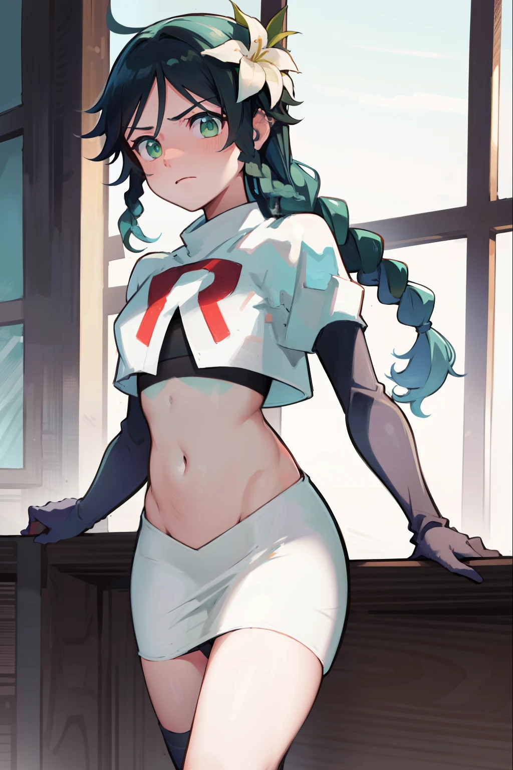 absurdres,venti,1boy, male focus, trap,black hair, green-blue hair, hair braid,hair flower,aqua green eyes,crossdressing,1boy,team rocket,team rocket uniform,white skirt,red letter R,crop top,black thigh-highs,black elbow gloves, embarrassed, blush