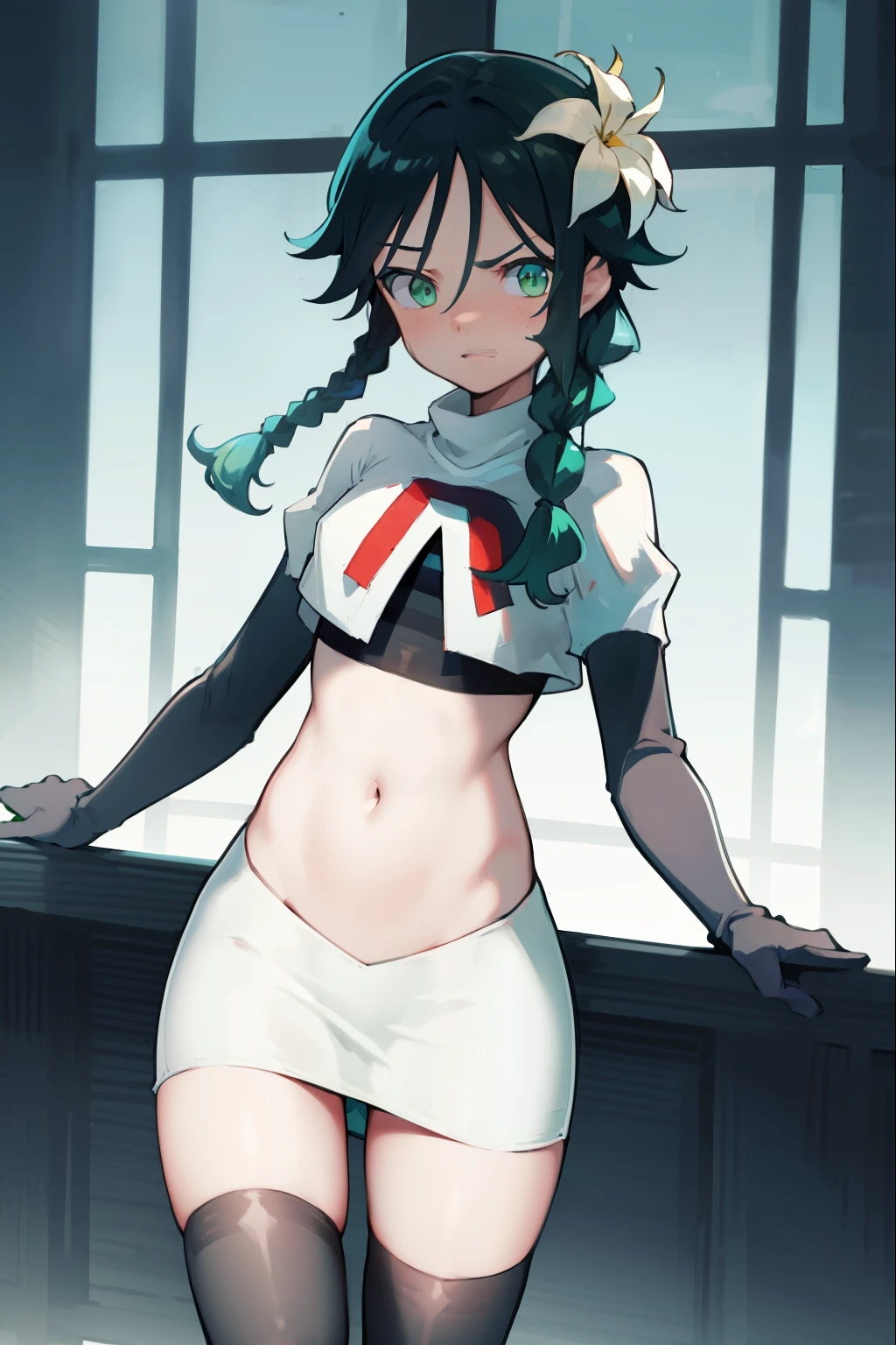 absurdres,venti,1boy, male focus, trap,black hair, green-blue hair, hair braid,hair flower,aqua green eyes,crossdressing,1boy,team rocket,team rocket uniform,white skirt,red letter R,crop top,black thigh-highs,black elbow gloves, embarrassed, blush