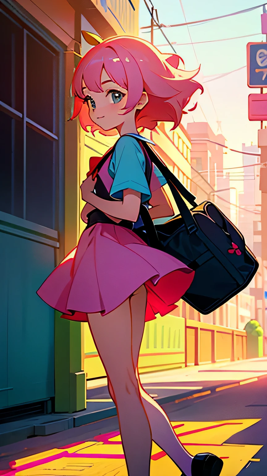 In 2024, Simple design with delightful cartoon elements,Create an engaging poster for your topic.
One with fluffy pink hair、Girl wearing cute sundress. She stood beside a quiet street, She looked shy as she turned away from the crowd. a small bubble,There are a few words in it "close your mouth" floating above her head. In the background, You can see the setting sun casting warm colors over the scene. The streets are lined with quirky cartoon buildings and playful street lights. The girl is holding a schoolbag,There is a cartoon mascot peeking out from the school bag, And her miniskirt has some