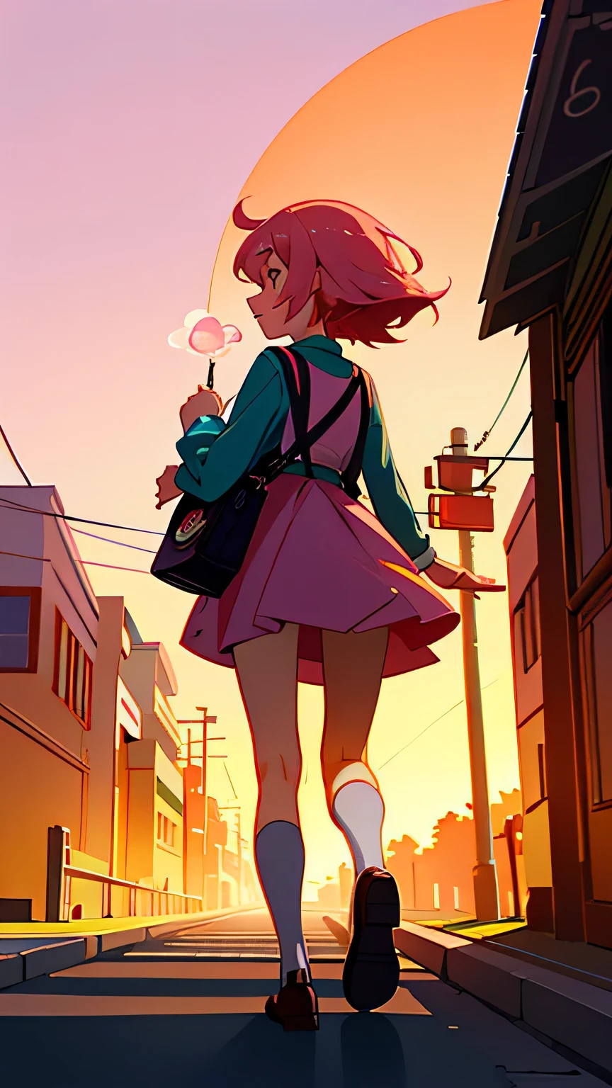 In 2024, Simple design with delightful cartoon elements，Create an engaging poster for your topic.

One with fluffy pink hair、Girl wearing cute sundress. She stood beside a quiet street, She looked shy as she turned away from the crowd. a small bubble，There are a few words in it "close your mouth" floating above her head. In the background, You can see the setting sun casting warm colors over the scene. The streets are lined with quirky cartoon buildings and playful street lights. The girl is holding a schoolbag，There is a cartoon mascot peeking out from the school bag, And her miniskirt has some