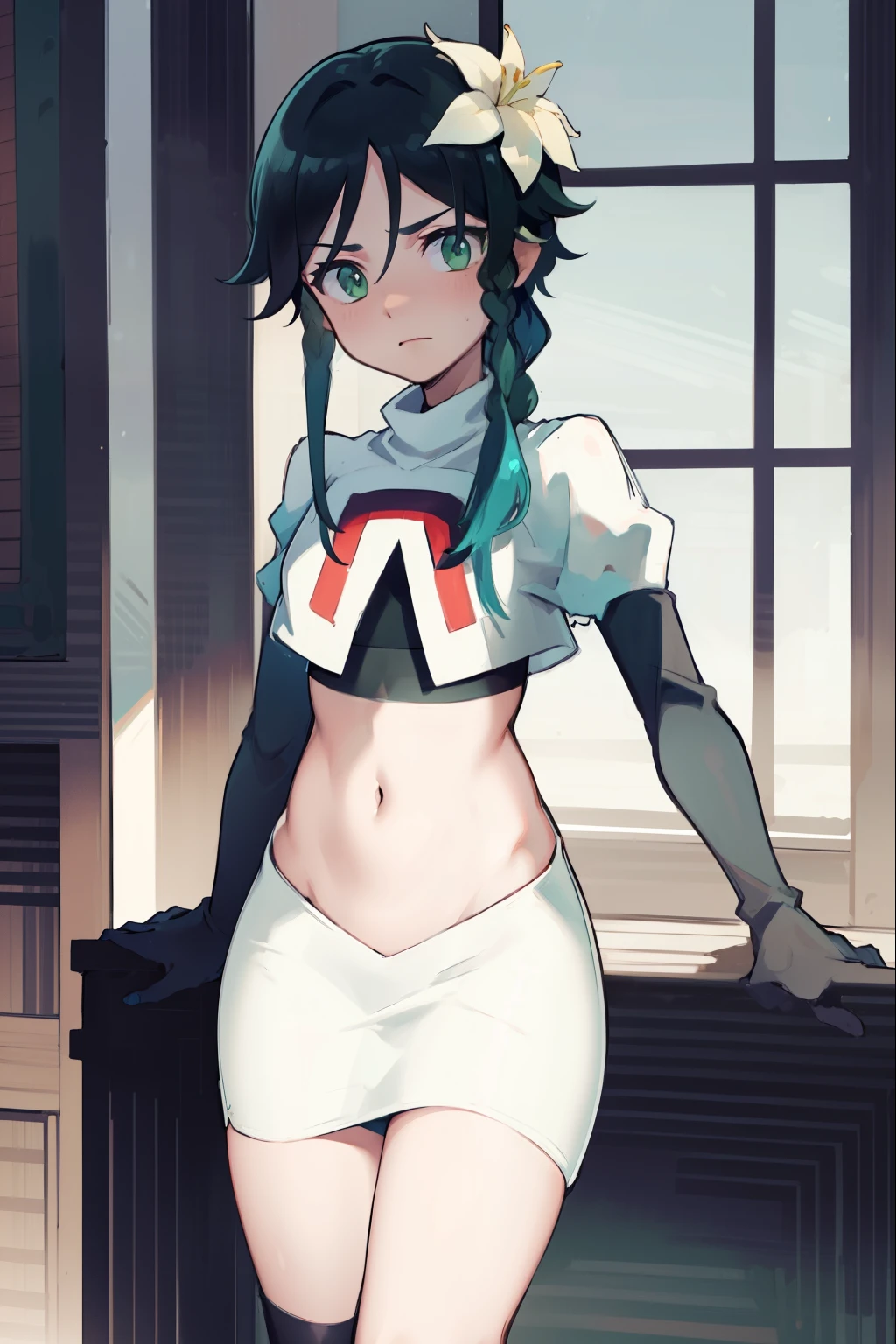 absurdres,venti,1boy, male focus, trap,black hair, green-blue hair, hair braid,hair flower,aqua green eyes,crossdressing,1boy,team rocket,team rocket uniform,white skirt,red letter R,crop top,black thigh-highs,black elbow gloves, embarrassed, blush