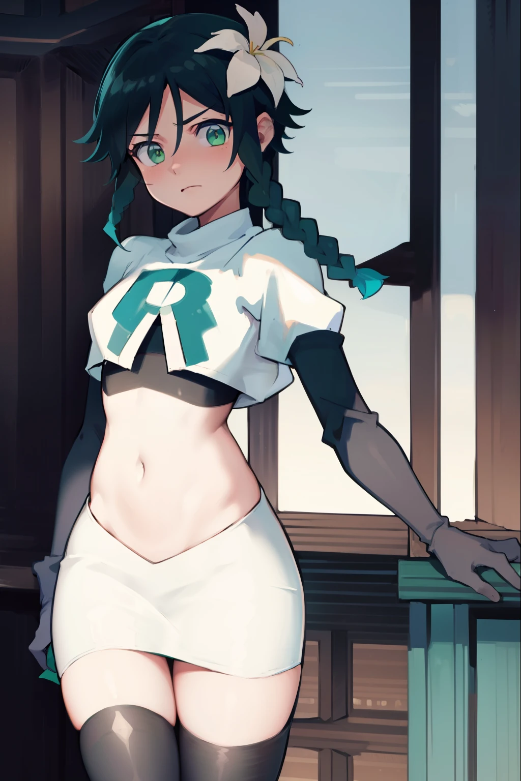 absurdres,venti,1boy, male focus, trap,black hair, green-blue hair, hair braid,hair flower,aqua green eyes,crossdressing,1boy,team rocket,team rocket uniform,white skirt,red letter R,crop top,black thigh-highs,black elbow gloves, embarrassed, blush