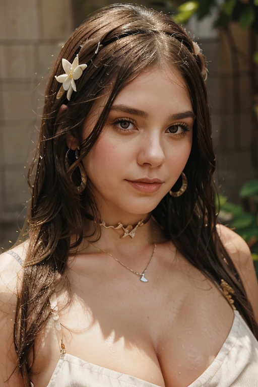 Chloe Hart chubby brunette very long wet hair dimples flower hairband earrings bangles choker