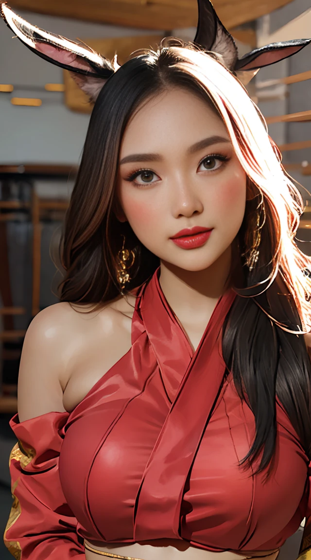 Step into a world of fantasy with a beautiful girl in a hanfu costume. Her thin red silk shirt is adorned with stunning yellow motifs, while her black lace top adds a touch of elegance. Her light pink rabbit ears add a playful element to her look, and her long hair is dyed a mesmerizing pale purple platinum. Adorned with intricate hair jewelry, her pretty face and perfect features are truly a sight to behold.