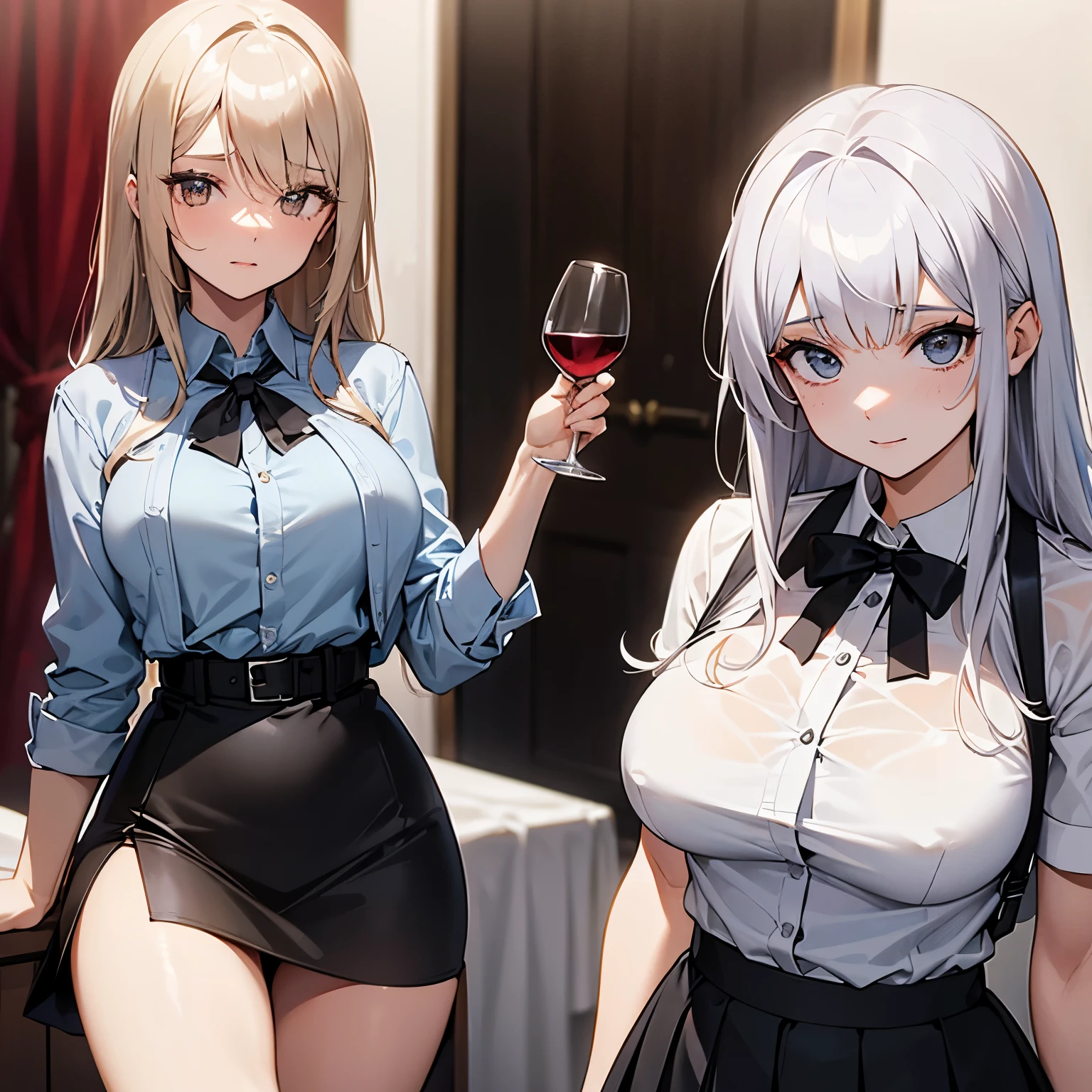 Generate a female character with silver hair who has light blue eyes and who has an elegant but at the same time simple style in her clothes and who is sitting in a restaurant 