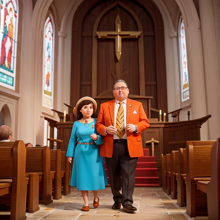 Pastor and shepherdess at the church altar. (Church full of people) (wearing suit) (fat person) (predominant color orange)