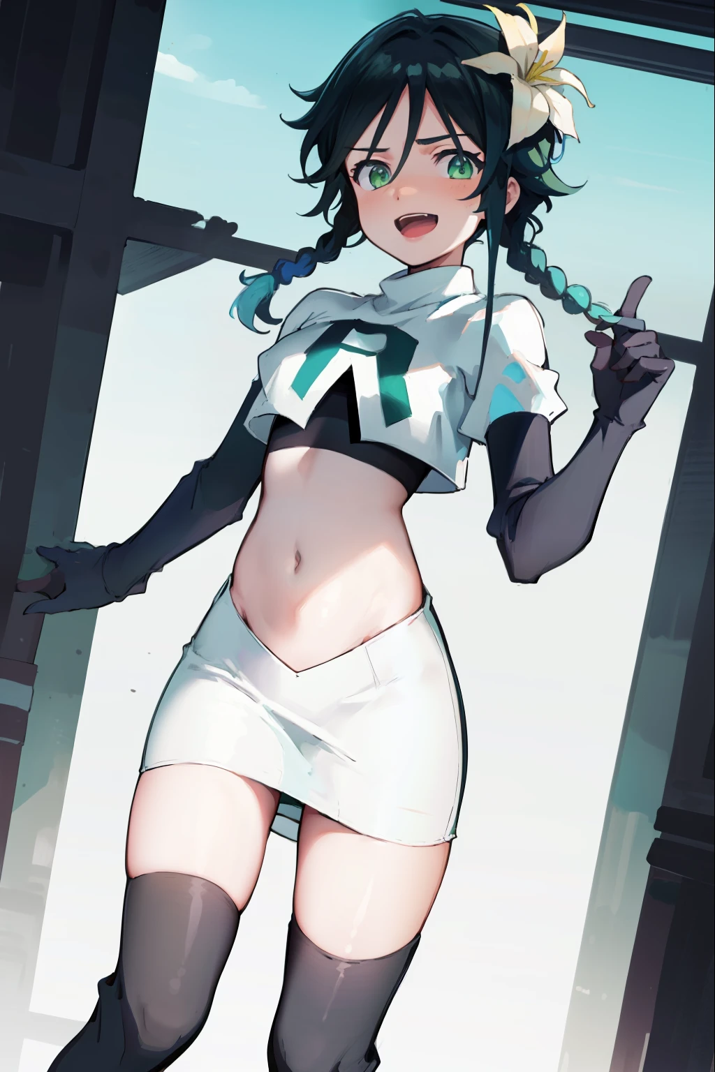 absurdres,venti,1boy, male focus, trap,black hair, green-blue hair, hair braid,hair flower,aqua green eyes,crossdressing,1boy,team rocket,team rocket uniform,white skirt,red letter R,crop top,black thigh-highs,black elbow gloves, laughing,happy, blush