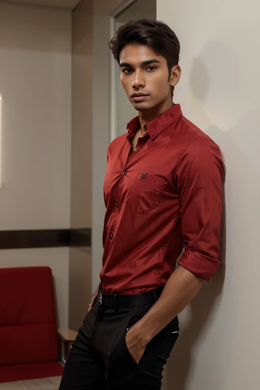 Photorealistic shot of a skinny 19 year old skinny indian man in a red shirt and black pants posing for a picture, wearing a red button up shirt, lean man with brown tan skin, male skinny model, 19 year old black indian male, full body portrait shot, handsome chin, wearing a red shirt, mid-shot , wearing red shirt, well-groomed model, young man with very short hair, handsome male, medium shot portrait, short combed hair, professional look, lean body, office look, gradient background, standing still, laid back look, bottom up pose 