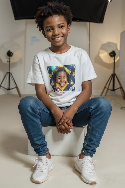(best quality, 4k, highres, masterpiece:1.2), ultra-detailed, realistic:1.37, HDR, studio lighting, vivid colors, bokeh, portraits, black child, black boy, ten years old, full-body image, wearing a yellow t-shirt, jeans, white sneakers, white background, smiling, perfect teeth