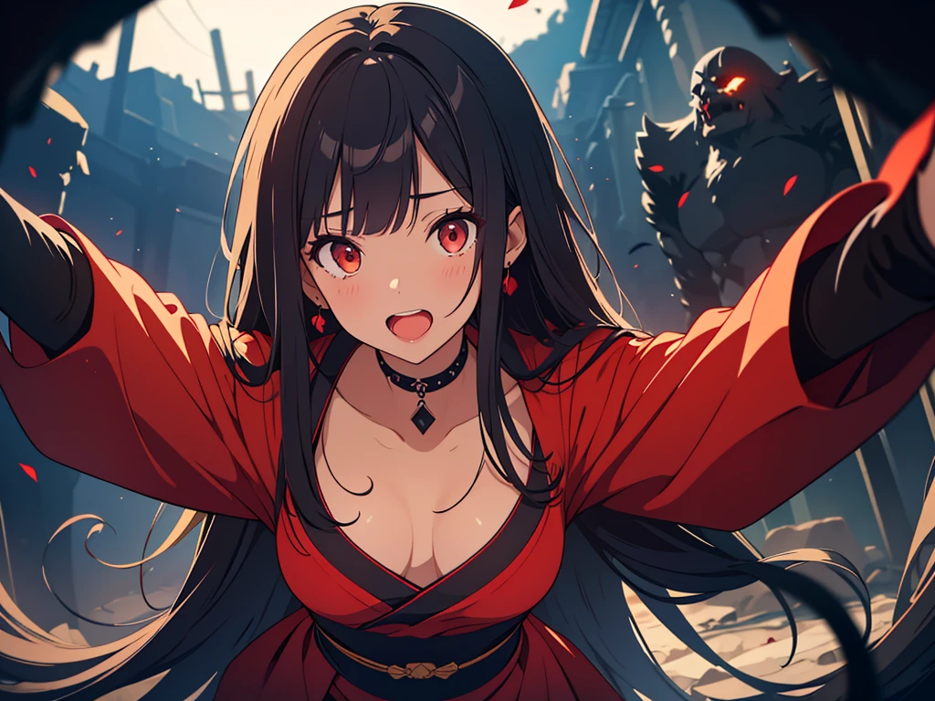 eaten by a demon girl,1girl,ecstasy,open-mouthed,open mouth,stick out tongue, :p,saliva,very long hair,straight hair,black hair,blunt bangs, dark eyes,dark cave,kimono,from below,looking at viewer,(scary atmosphere),tall female,standing,oni horn,multiple arms,colored inner hair(red),reaching out,spread arms,(four arms),deep in the dark cave,canine teeth,face focus,dark atmosphere,all fours,dark,((no light)),There's blood on her cheeks,very close up face,A muddy atmosphere,
