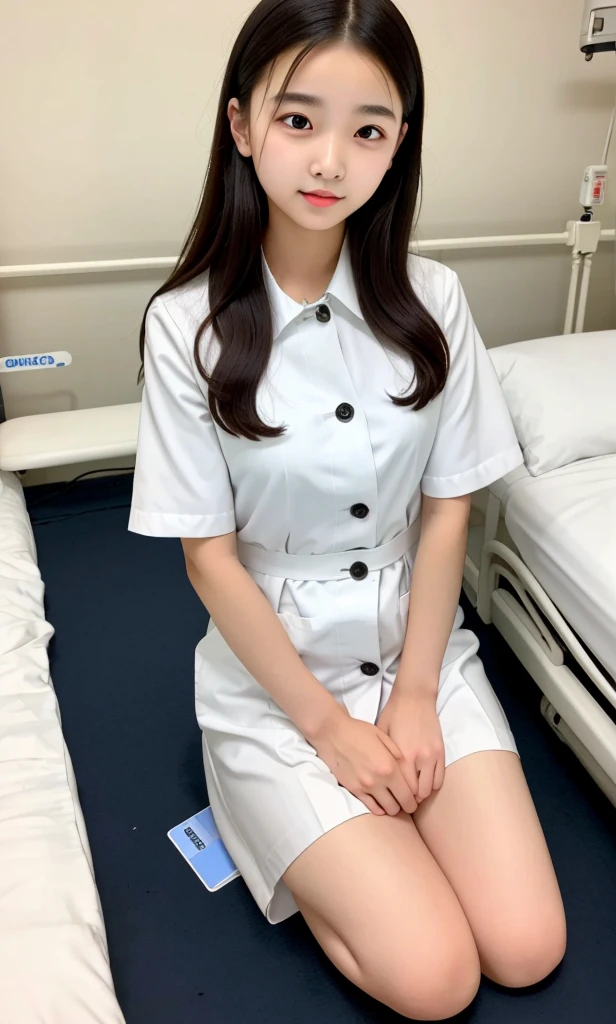 20 year old beauty， Wearing a white nurse's uniform, medical staff, Wear nurse uniform in hospital, Kneeling and sitting on the hospital bed, Beautiful nurse，Timid personality， A well-behaved and obedient sister，Can&#39;t refuse，full body view full body photo