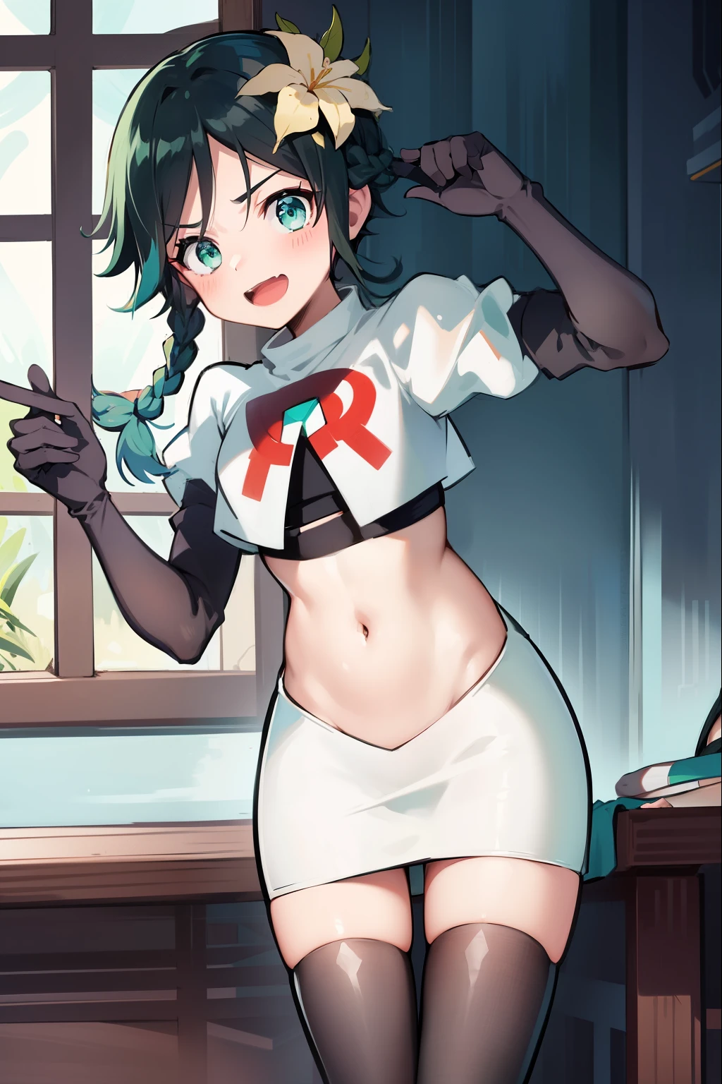 absurdres,venti,1boy, male focus, trap,black hair, green-blue hair, hair braid,hair flower,aqua green eyes,crossdressing,1boy,team rocket,team rocket uniform,white skirt,red letter R,crop top,black thigh-highs,black elbow gloves, laughing,happy, blush