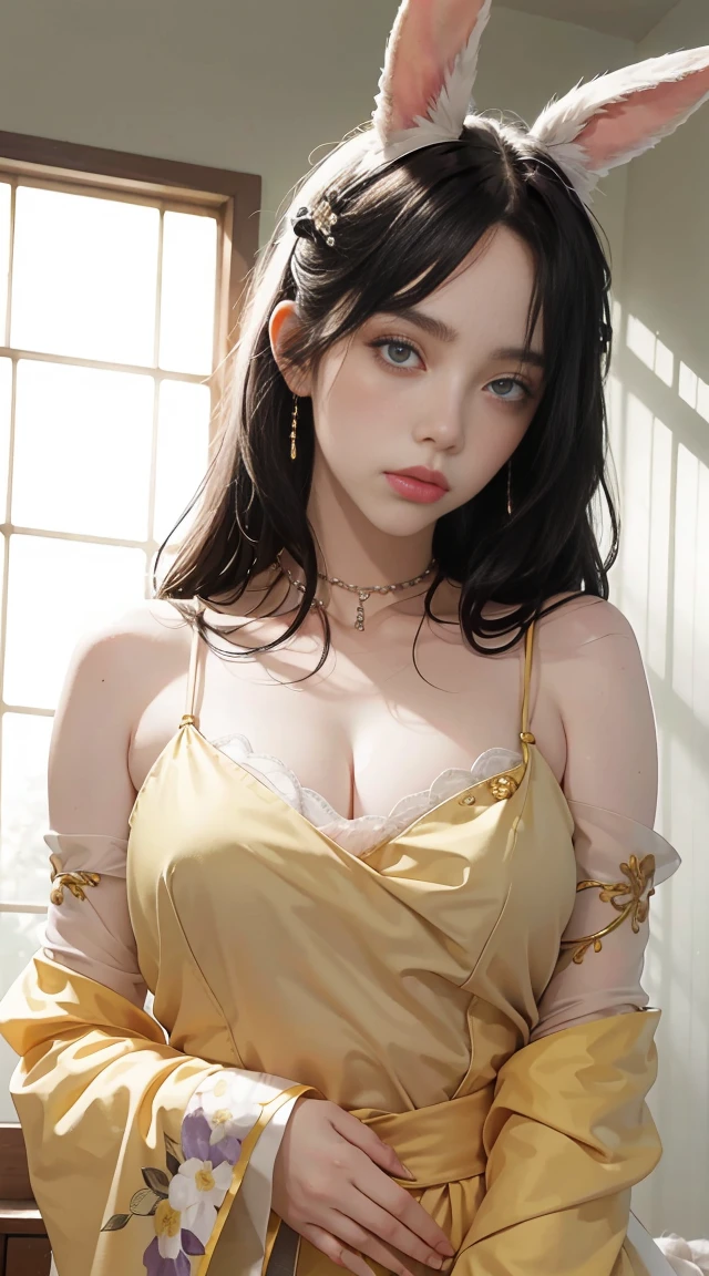 Step into a world of fantasy with a beautiful girl in a hanfu costume. Her thin red silk shirt is adorned with stunning yellow motifs, while her black lace top adds a touch of elegance. Her light pink rabbit ears add a playful element to her look, and her long hair is dyed a mesmerizing pale purple platinum. Adorned with intricate hair jewelry, her pretty face and perfect features are truly a sight to behold.
