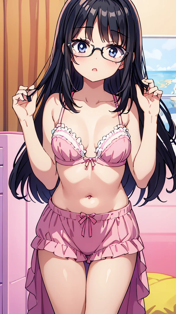 Straight black hair and glasses、Illustration of a beautiful pre-teen girl with long hair excitedly trying to fasten a light pink front-hook bra for the first time