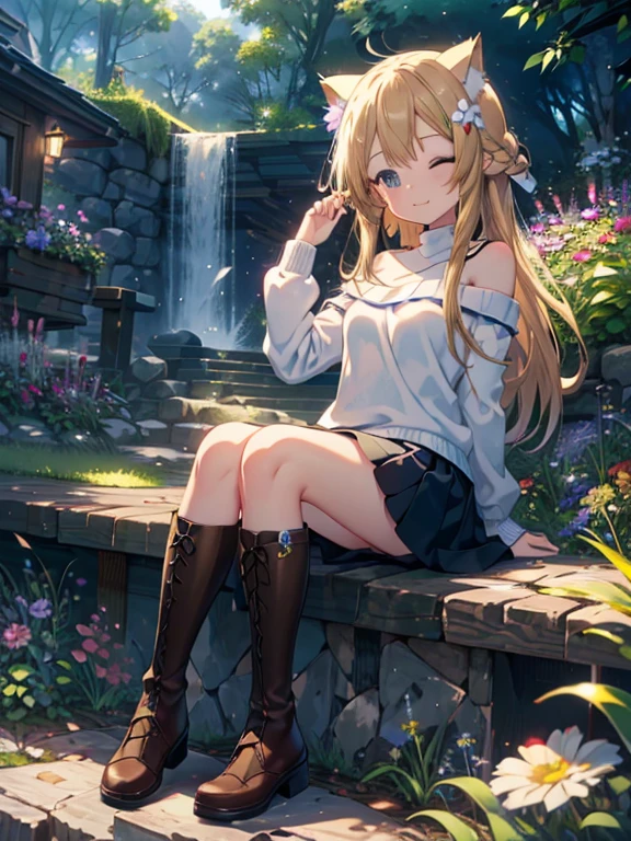 (realistic, professional photos:1.1), Yukiaro, fine hair, fine eyes, cute face,flower garden,looking at the viewer, Crown of flowers on the head,, off shoulder sweater,mini skirt,white knee high socks,Brown Short Boots,Cat ear,cat tail ,sitting,smile,Eyes closed