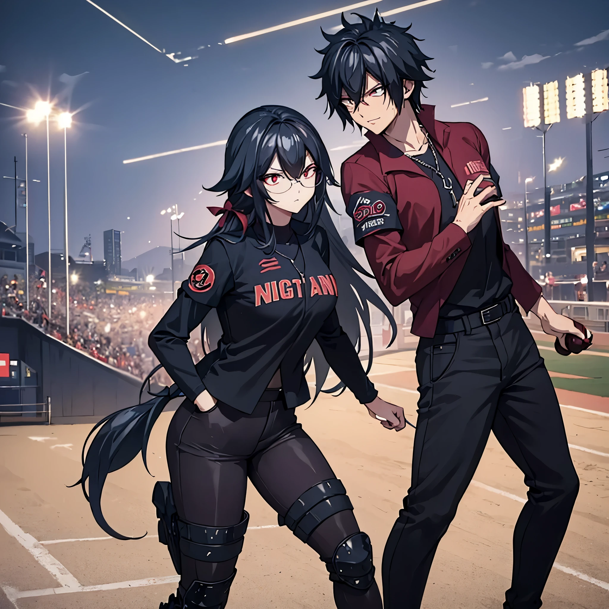 A man in a black baseball outfit together with a woman (red eyes) in a baseball outfit on the baseball field at night
