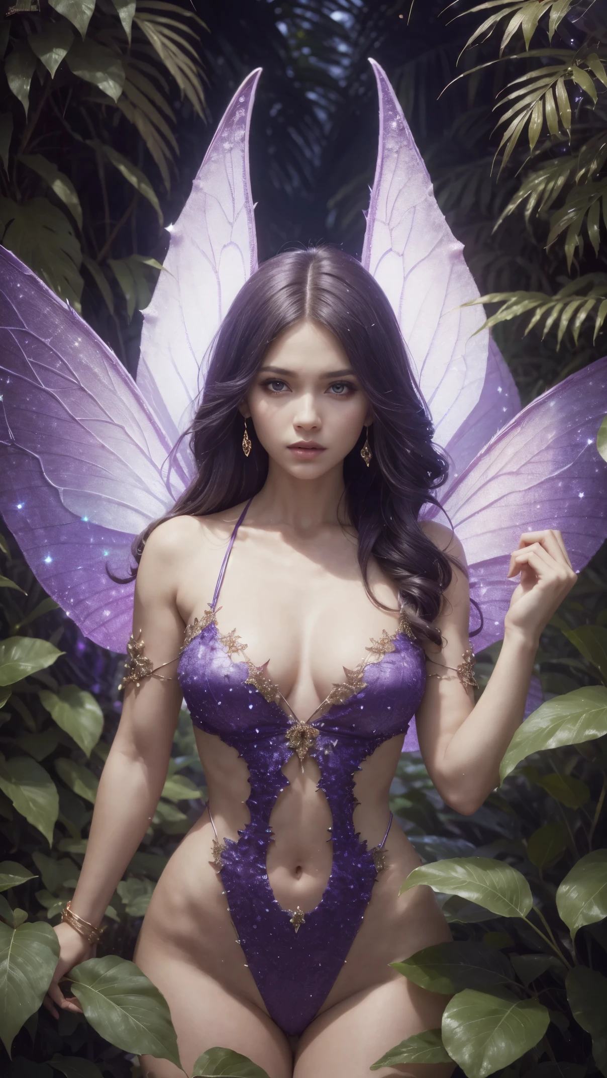 beautiful fairy in purple full of light and emotion stock photo, in the style of mysterious jungle, embroidery, uhd image, stylish costume design, body extensions, fawncore, symmetrical asymmetry 