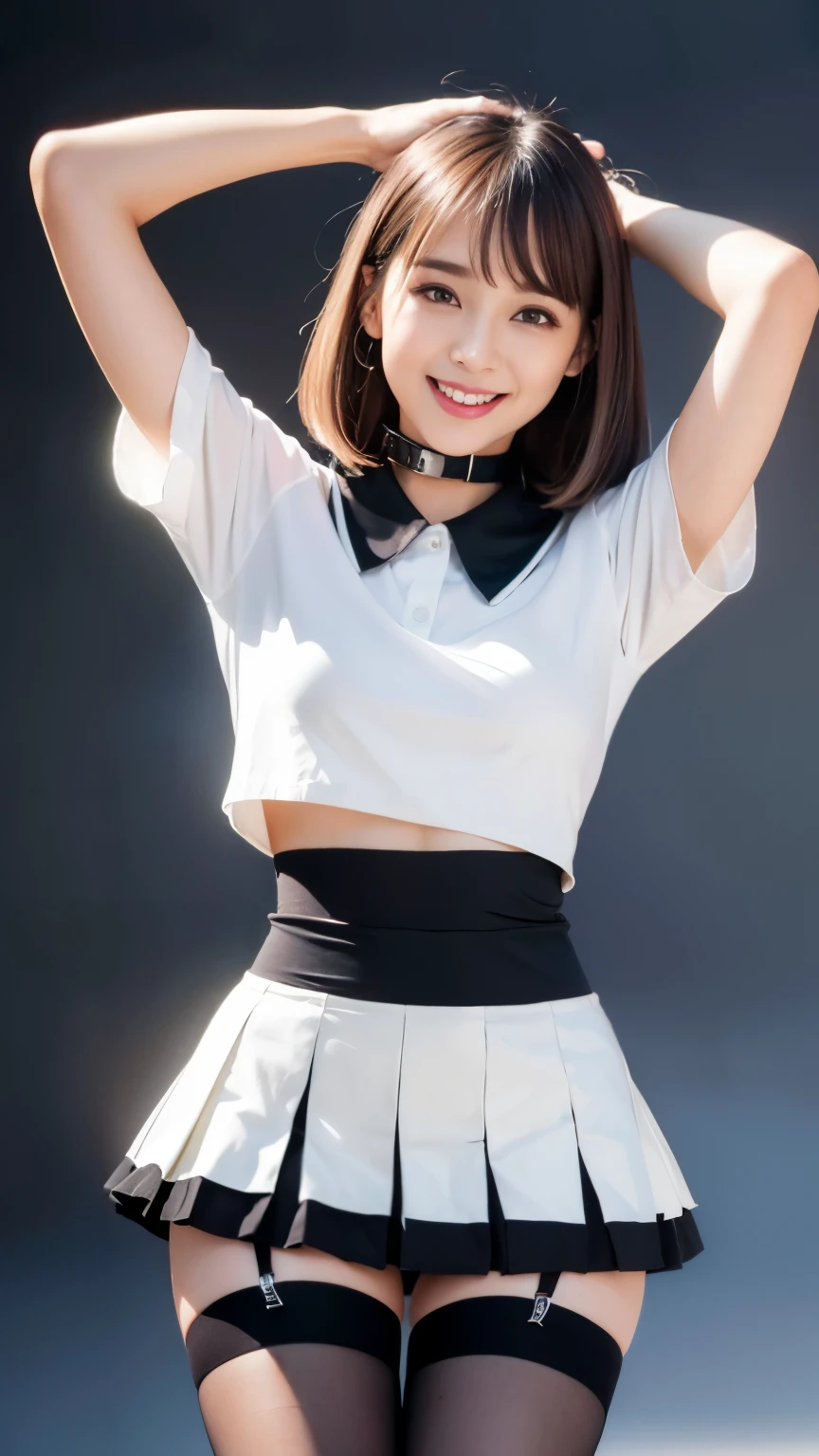 1 girl、green eyes, glossy lips ,Team Rocket,Team Rocket uniform, red letter R, white skirt,spread legs、show white panties,white crop top,black thigh high boots, black elbow gloves , looking at the viewer, evil smile, Vintage color with folded arms、Instagram(Photoreal、High resolution:1.4)、(slender woman)((puffy eyes))、look at the viewer、、Full body Esbian(8K、Raw photo、highest quality、masterpiece:1.2)、(realistic、Photoreal) :1.37)、(sharp focus:1.2)、professional writing、photon mapping、radio city、Physically based rendering、(white skin:1.2)、(medium breasts:1.2)、Viewer's perspective、(middle hair:1.5)、Portrait、brown eyes、(silver hair:1.1)、bangs、(simple background:1.4)、realistic、(masterpiece:1.4)、(highest quality:1.4)、(glowing skin)、((Short sleeve shirt with collar、Knee-length pleated skirt、black stockings))compensate、laughter(skinny、close your mouth、full of embarrassment:1.3)