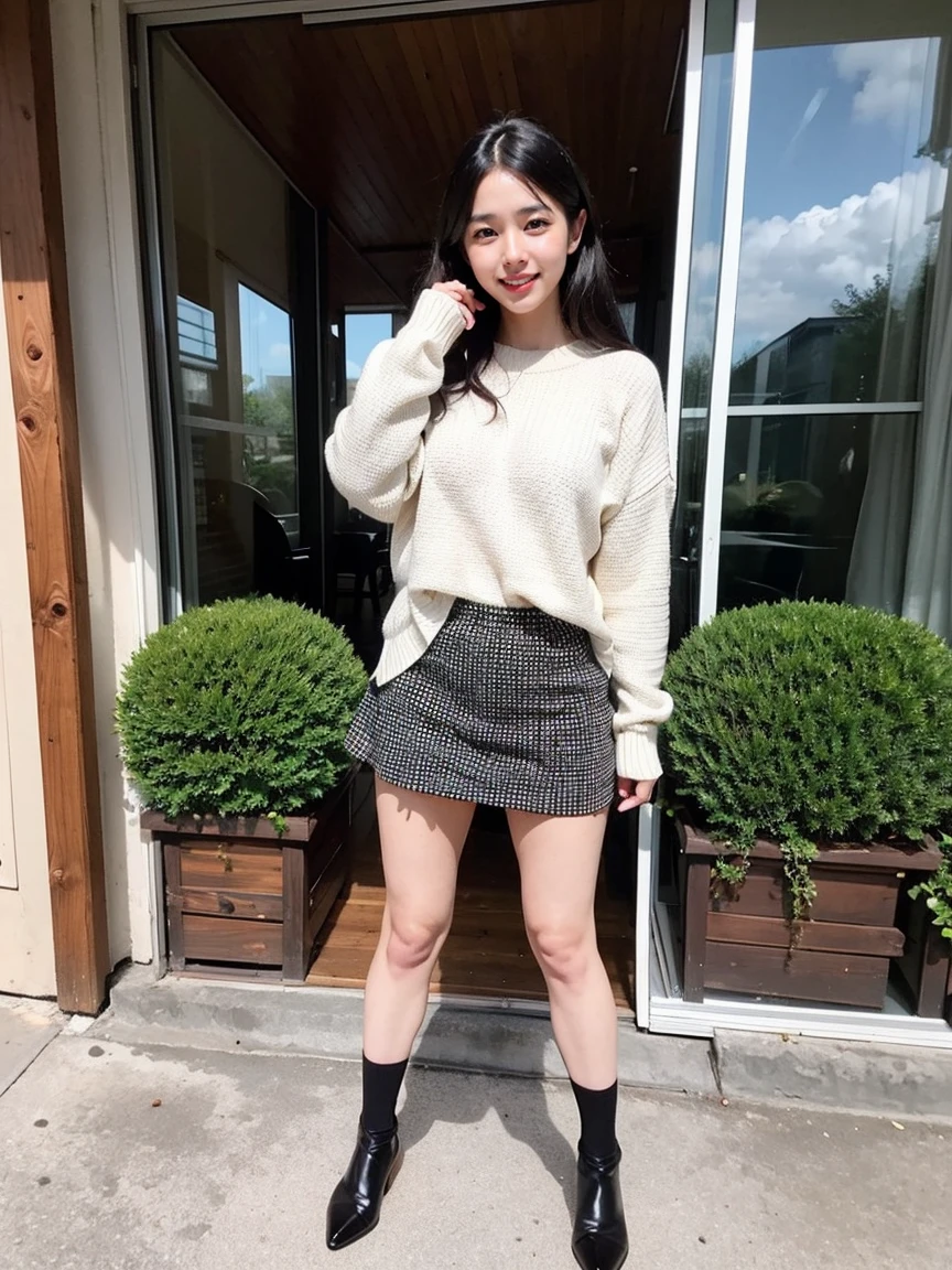 NSFW,detailed, reasonable design, sharp lines,highest quality, table top,Bright and dark light,Canon Photo Crystal Clear ,（Realistic:1.2）, (knit sweater、mini skirt)、pumps,standing、Take a full body photo,laughter、glamorous figure、medium long hair、((The wind is blowing))、in mountain