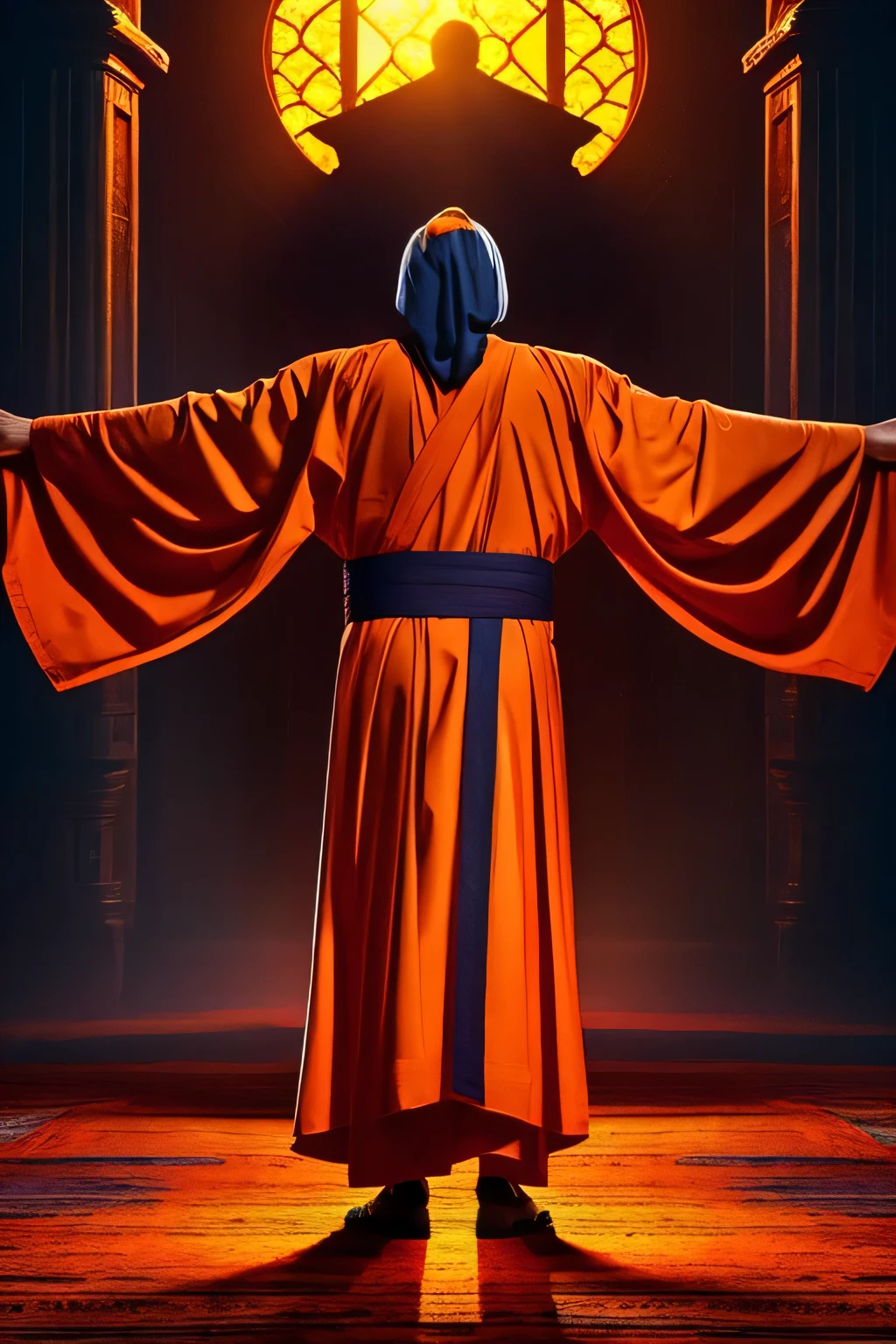 A god, Wearing Orange robes, arms outstretched, the sun behind him, face hidden
