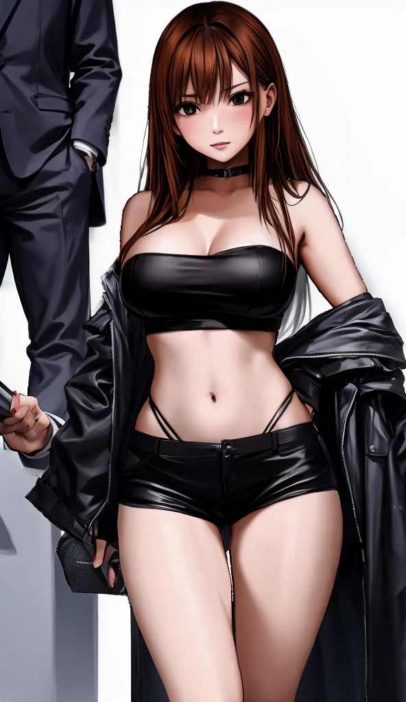 A beautiful adult woman with shoulder-length big breasts, beautiful legs, and a sharp face is standing with middle-aged men in suits on a crowded train wearing a black tube top that exposes her navel and hot pants shaped like black panties.。