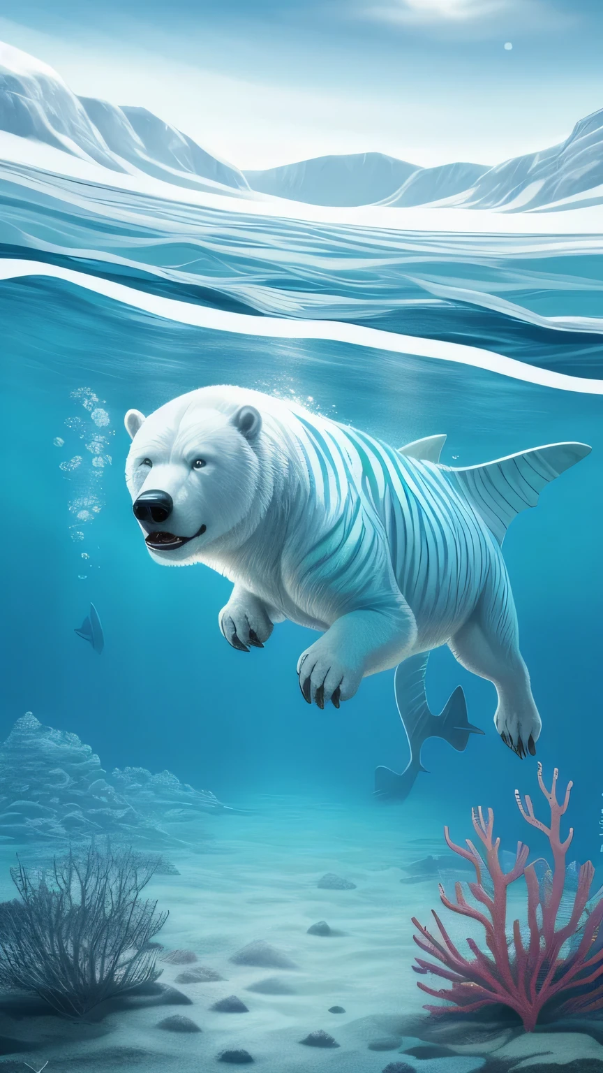 shark, The subject of this cartoon scene, Swim with concentration in an underwater coral reef. His teal body is decorated with striking white stripes, Powerful fins propel him through the water. Holding a shining pearl in his mouth, He seems to be making a momentous decision. Surrounded by vibrant colors and intricate details of coral structures.
or:
A polar bear, Alone, Peacefully nestled in a snowy arctic landscape, In this cartoon style scene. Thick white fur covers its huge body, His big round nose and wide paws rest comfortably on the cold ice
