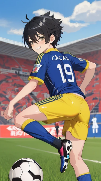 (((Super thin illustration,High resolution, muste piece, best quality,best quality)))、high quality, detailed, (little boy),12 years old, A young ace striker with a super cute face,A boy as beautiful as Planding, Cool handsome face with smile, soccer spike, long legs, thighs, Foots, Bulge, (black hair、Spiky hairstyle)、shiny hair, (tight shiny yellow color soccer uniform suit), (tight and shiny soccer shorts), (Soccer Socks), grassy area, cool pose, (厚いthighs、Seduce your big ass to your crotch)、(((Park soccer field 1.2)))、((Saucy、))、grinning grin、spread legs,ultra fine painting, (best quality, In 4K, 8K, High resolution, muste piece),((detailedな目))、cute eyes、Service Shots、