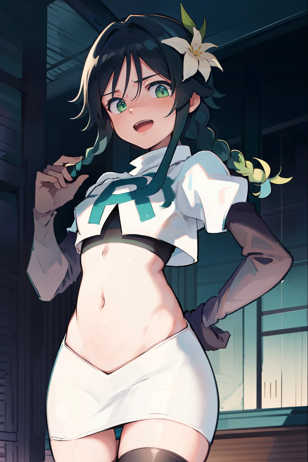 absurdres,venti,1boy, male focus, trap,black hair, green-blue hair, hair braid,hair flower,aqua green eyes,crossdressing,1boy,team rocket,team rocket uniform,white skirt,red letter R,crop top,black thigh-highs,black elbow gloves, laughing,happy, blush