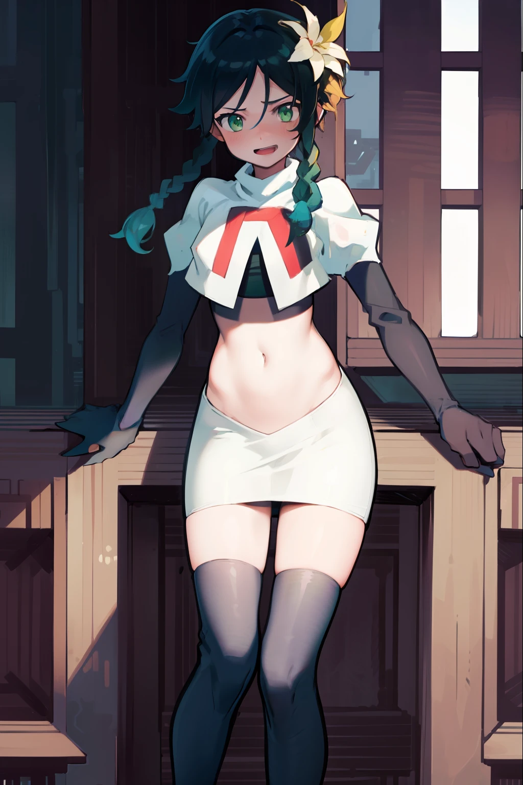 absurdres,venti,1boy, male focus, trap,black hair, green-blue hair, hair braid,hair flower,aqua green eyes,crossdressing,1boy,team rocket,team rocket uniform,white skirt,red letter R,crop top,black thigh-highs,black elbow gloves, laughing,happy, blush