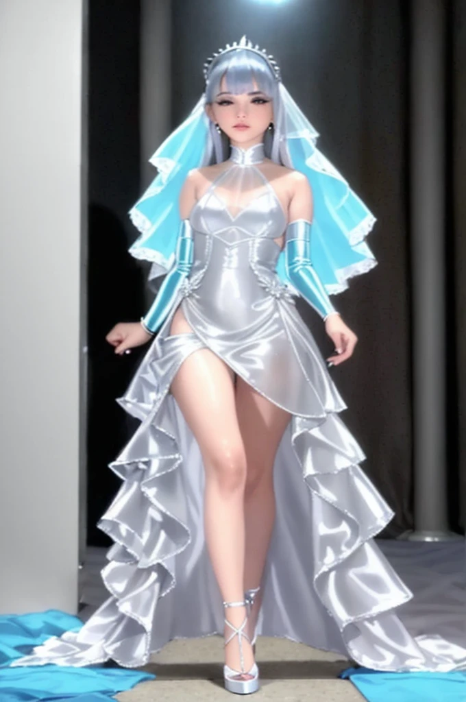Mujer araffe con un vestido plateado y tacones altos caminando sobre una alfombra azul, usando un vestido plateado, fancy silver dress, Desfile de moda brutalista, vestido gris transparente, vestido blanco!! de cabello plateado, vestido abierto, Chica en un desfile de modas en el infierno, vestido fluido, translucent silky dress, con una cintura delgada, Foto del desfile de moda, Vestido en Voile