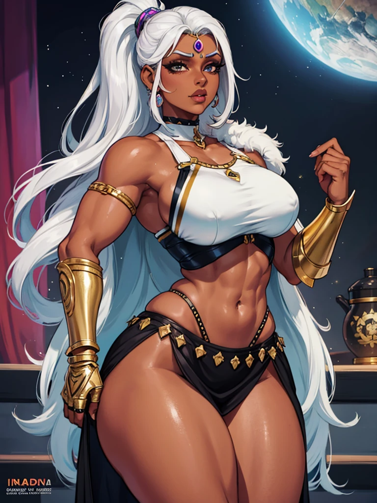 1female, pavna, who is a 50-year-old indian ifbb, shiny gold skirt, dark skinned, sheer gauntlets, white hair, thick lips, iridescent bra