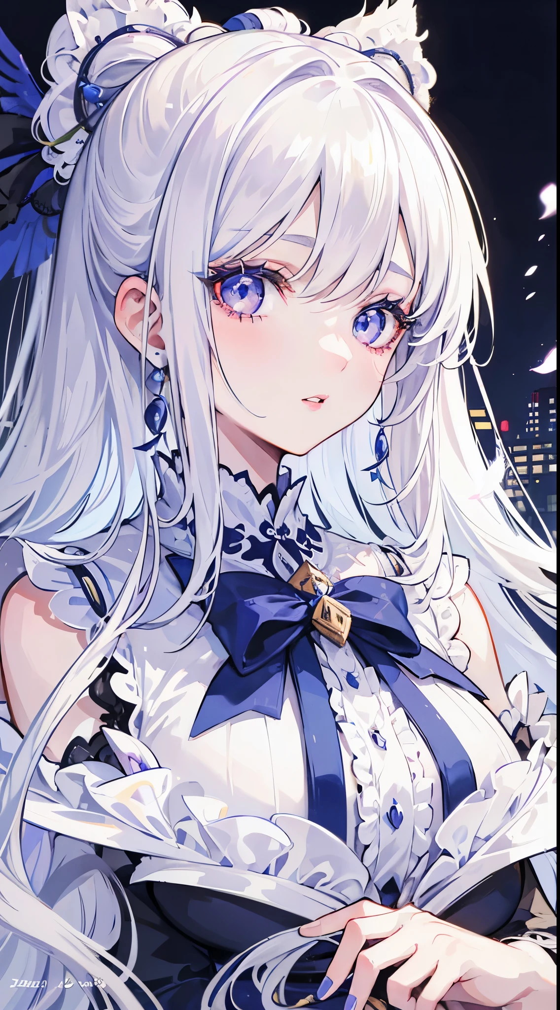 A poster girl with beautiful white hair, detailed facial features (eyes, nose, lips). She has long curly hair that cascades down her shoulders with bows. Her eyes are expressive, with vibrant irises and long eyelashes. In city clothing