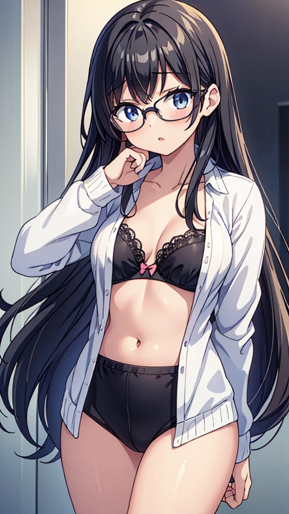 Straight black hair and glasses、Illustration of a beautiful -teerl with long hair trying to fasten the hooks of a front-hook bra in light pink color、I&#39;m excited to wear a bra for the first time