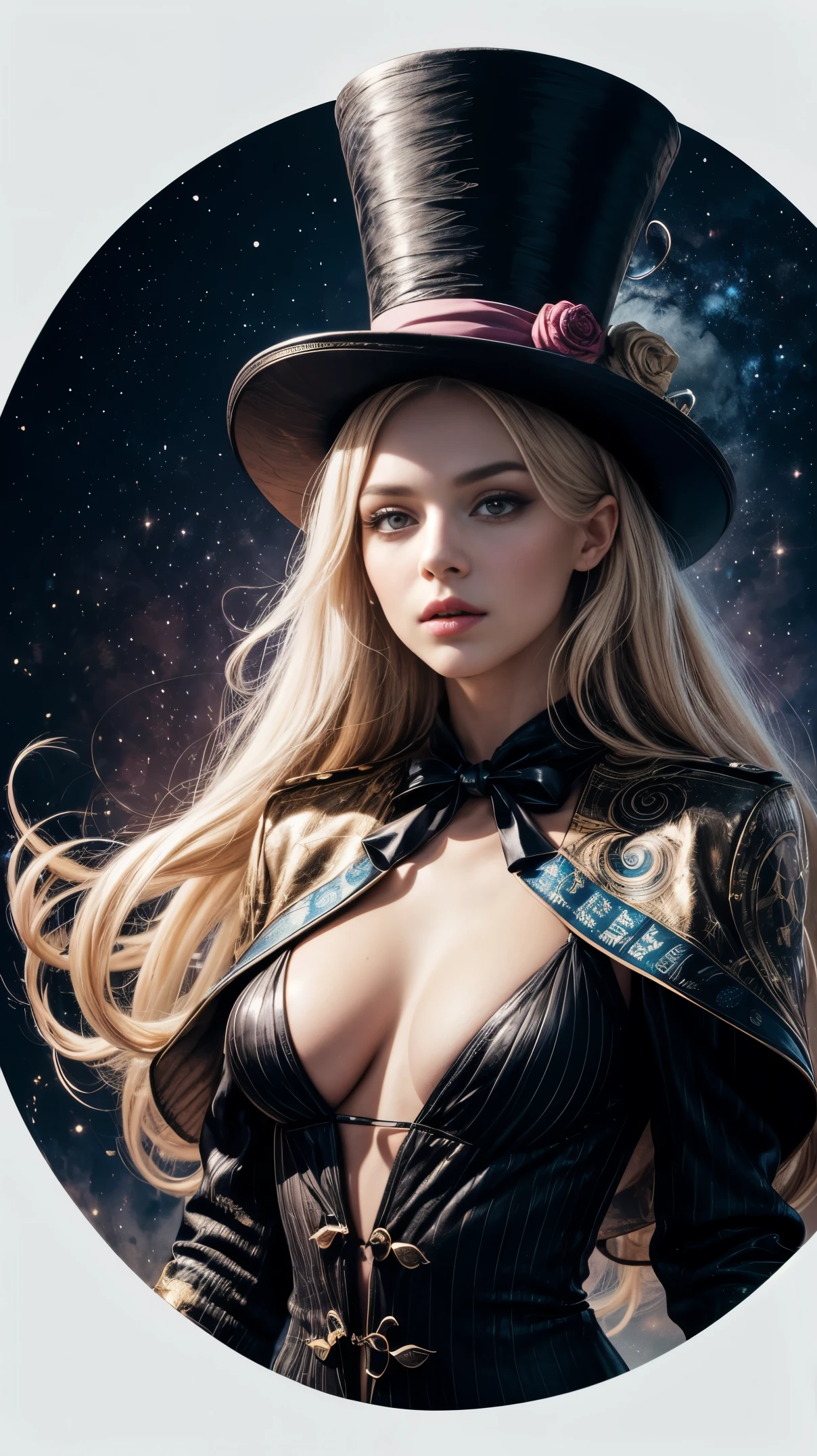 This vivid image portrays a whimsical, eccentric fighter and dreamer in a futuristic digital illustration. The artwork, a digital illustration, features vibrant, surreal colors that bring the fantastical scene to life. The woman is shown in a mismatched outfit, wearing a top hat adorned with sparkling stars and a coat adorned with planet patterns. A playful expression on his face, combined with wild, untamed hair, gives him a quirky personality. The hands are proportional and so is the body. The image captures the woman and several orbs, each pulsing with different colors and patterns. The attention to detail and overall composition of the image make it a visually stunning masterpiece that transports viewers to a whimsical and imaginative world.