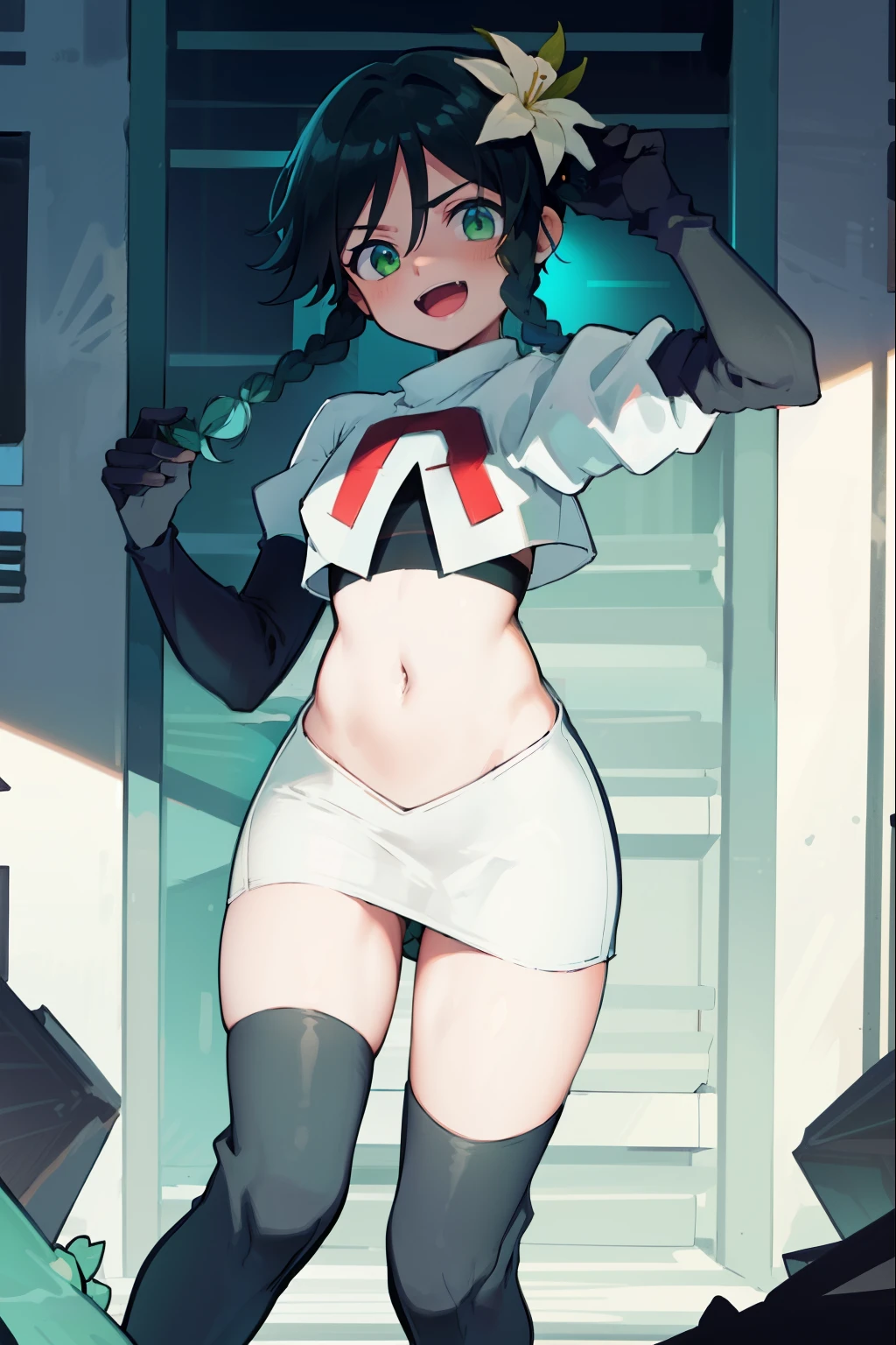 absurdres,venti,1boy, male focus, trap,black hair, green-blue hair, hair braid,hair flower,aqua green eyes,crossdressing,1boy,team rocket,team rocket uniform,white skirt,red letter R,crop top,black thigh-highs,black elbow gloves, laughing,happy, blush