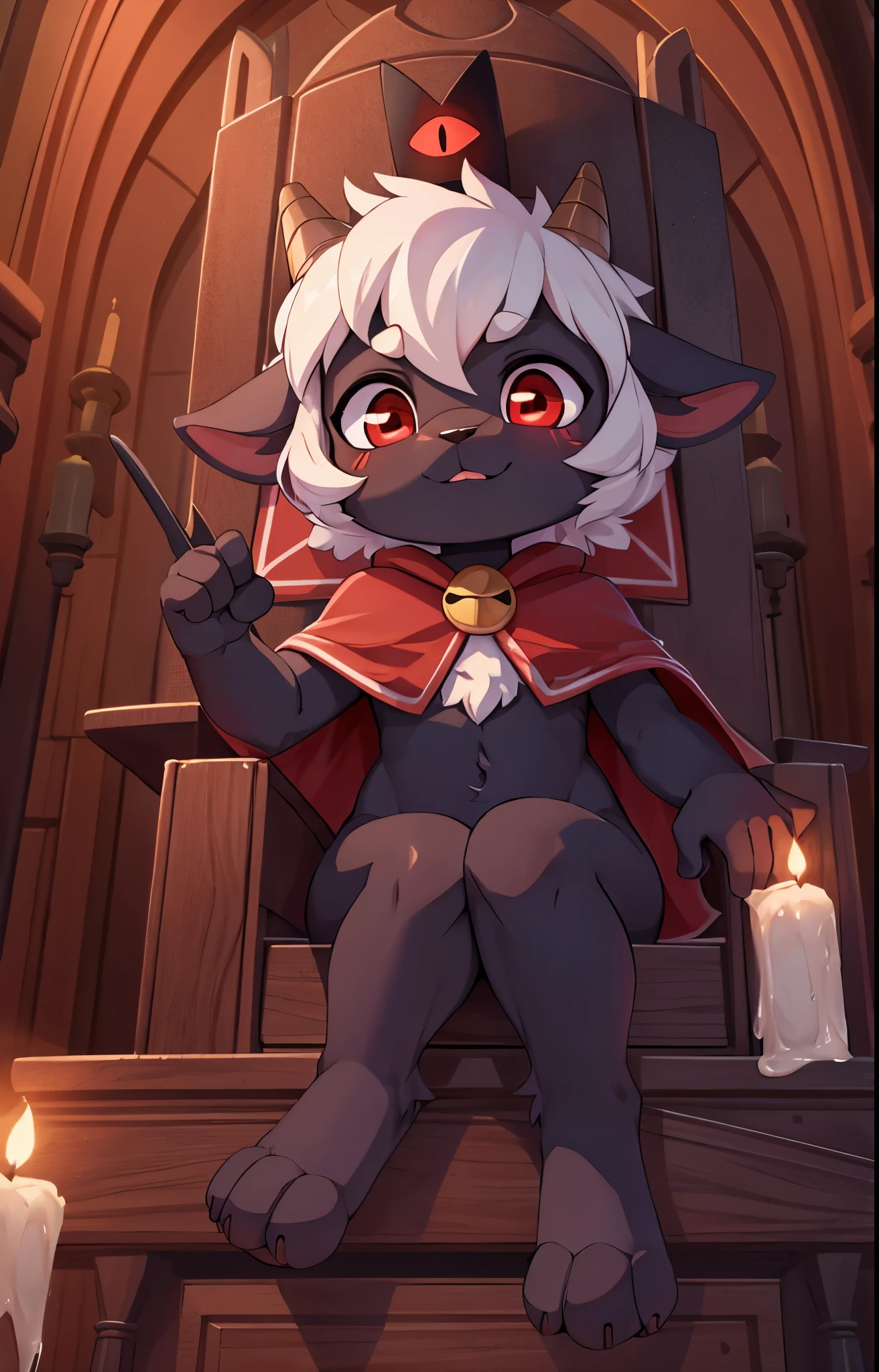 Furry shota, Lamb, "Cult of the lamb", red eyes, clear black body fur, black nose, small horns, white hair, spiky hairstyle, short hair, full body, detailed body fur, detailed body, detailed eyes, glistering body, shiny body, gorgeous body, masterpiece, feets whit three toes, ((crown, red cloak)), sitting on throne, church,