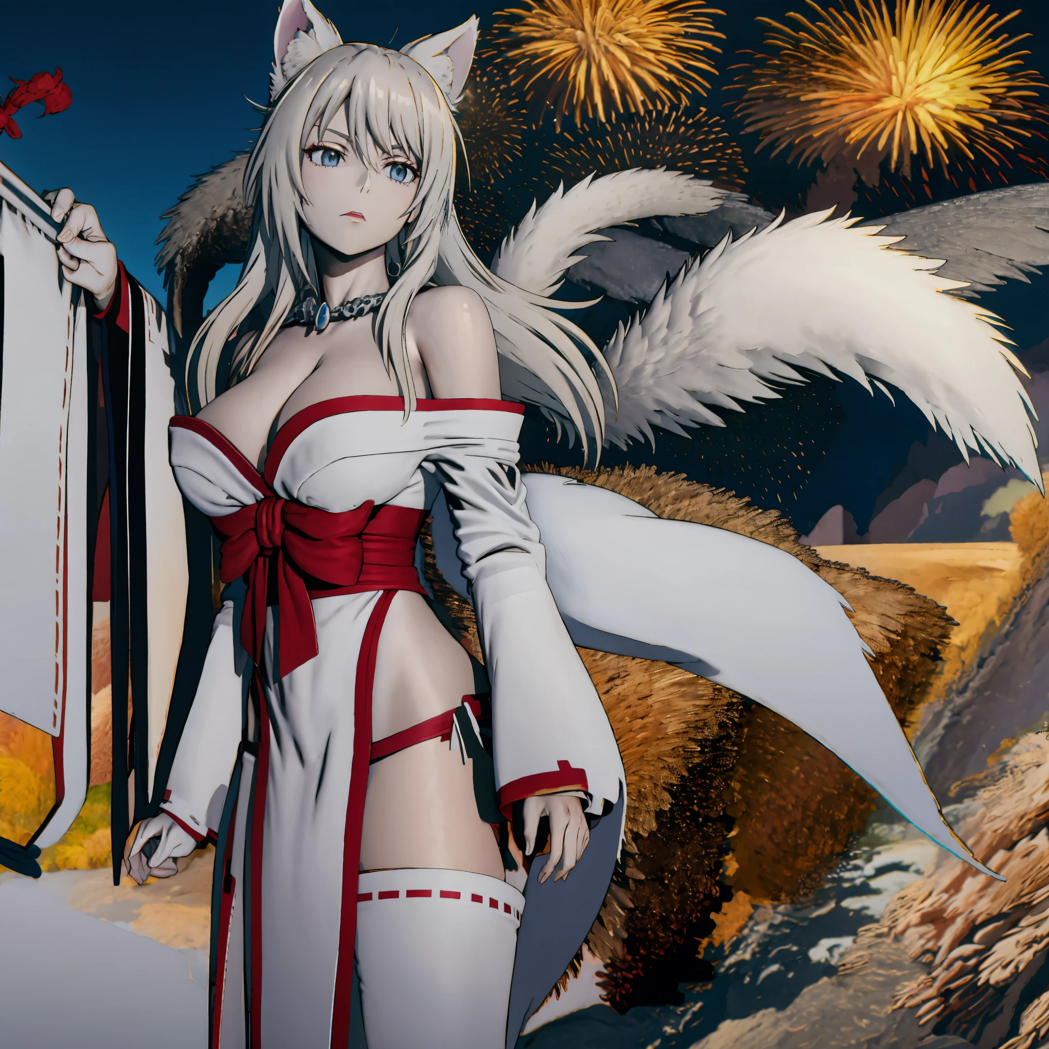 8k, resolution, high quality, high resolution, best quality, extremally detailed, best resolution, absurd resolution, ray tracing, high detailed, masterpiece, extremely detailed,shoulder length white hair, female,2 white wolf ears, age girl, slim body, white scale dragon tail,black boots,black leggings, navel blue school skirt, sailor shirt, white jacket, medium size chest, detailed blue eyes, detailed beautiful face,solo female,1 dragon tail, detailed eyes, tomboyish
