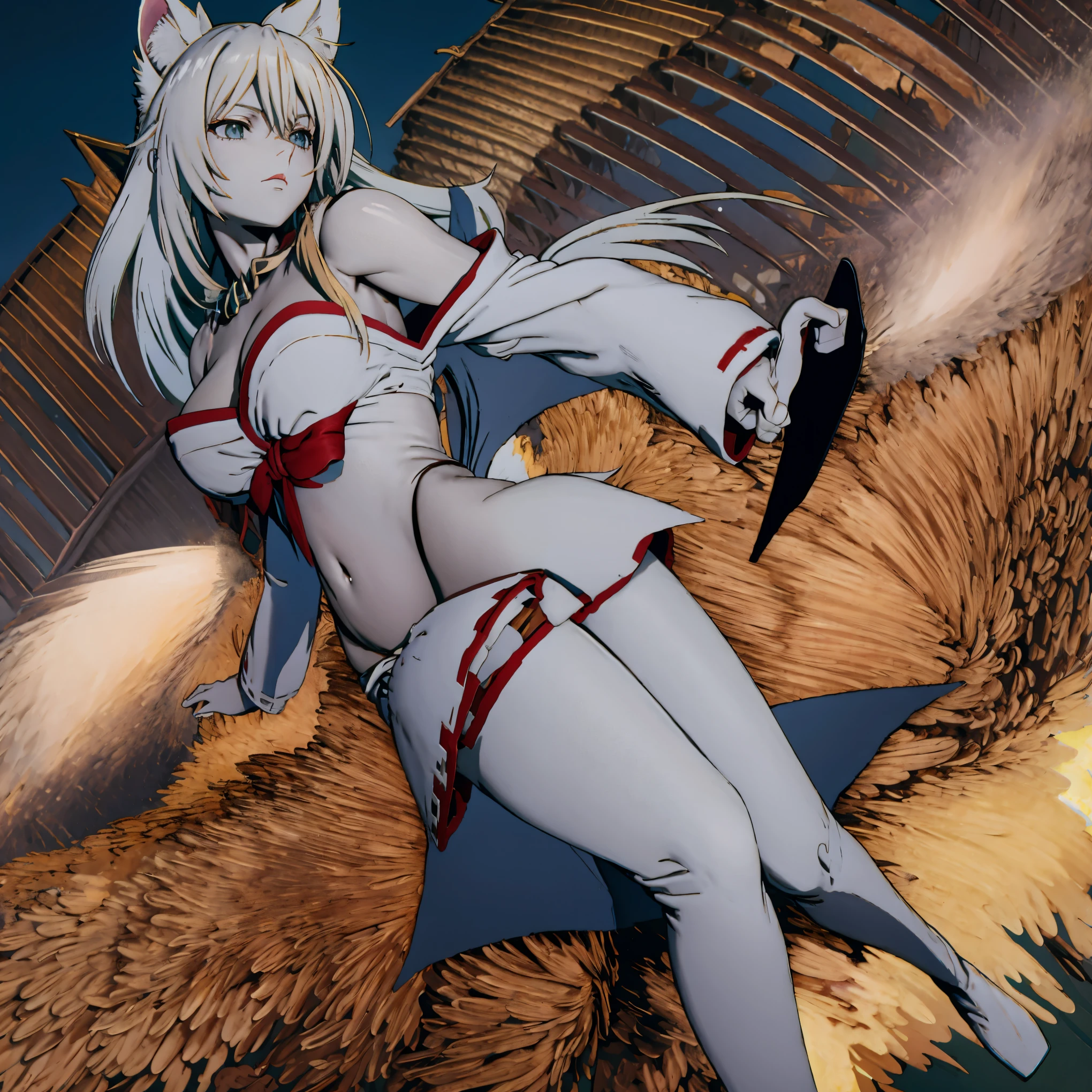 8k, resolution, high quality, high resolution, best quality, extremally detailed, best resolution, absurd resolution, ray tracing, high detailed, masterpiece, extremely detailed,shoulder length white hair, female,2 white wolf ears, age girl, slim body, white scale dragon tail,black boots,black leggings, navel blue school skirt, sailor shirt, white jacket, medium size chest, detailed blue eyes, detailed beautiful face,solo female,1 dragon tail, detailed eyes, tomboyish