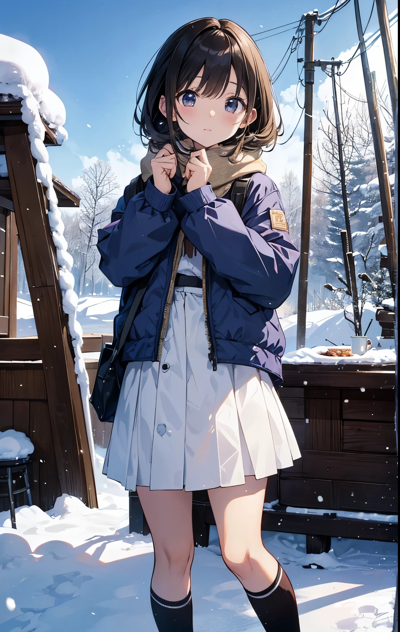 table top, highest quality, High resolution,木を背景にsnowの中でスノーボードに座っているアニメの女の子, snowの中, snowの中で, (snow), In winter, yuruyuri, akiko takase, 冬のsnow, figure!, snowの日, inspired by Miwa Komatsu, lain iwakura, yuru camp, tsugumi ohba, snow snow, Aya Takano color style,knee socks