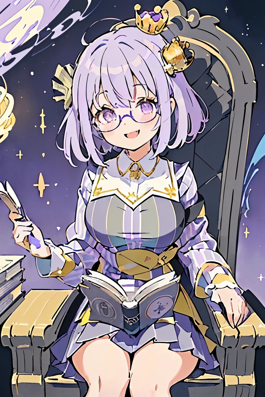 (Chibi:1.15),girl,blush,(swirly hair:1.35),(Fluffy short hair:1.2),(Hair ornament shaped like a bookmark:1.3),(A big smile:1.35),(Light purple heart-like eyes:1.3),(smiling with open mouth:1.25),(An atmosphere like outer space with magazines, manga, and other books flying around.:1.25),(Striped inner shirt with collar:1.4),(gray suit:1.3),(Mermaid skirt:1.3),(Skirt with long hem:1.3),(close up of face:1.35),(It feels like the wind is blowing from the front:1.35),(glasses:1.25),(proud smile:1.25),(sitting on a chair with a book in hand:1.3),(luxurious throne-like chair:1.35),(Colorful and cute POP atmosphere:1.2),(big breasts),(kitchen:1.4),(valley:1.4),(purple and white and black and yellow and blue:1.2),(golden crown on the head:1.3),