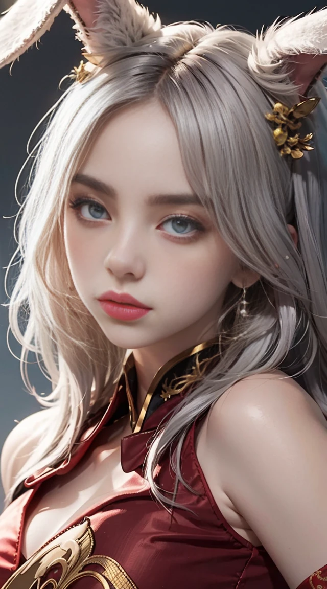 Step into a world of fantasy with a beautiful girl in a hanfu costume. Her thin red silk shirt is adorned with stunning yellow motifs, while her black lace top adds a touch of elegance. Her light pink rabbit ears add a playful element to her look, and her long hair is dyed a mesmerizing pale purple platinum. Adorned with intricate hair jewelry, her pretty face and perfect features are truly a sight to behold, portrait