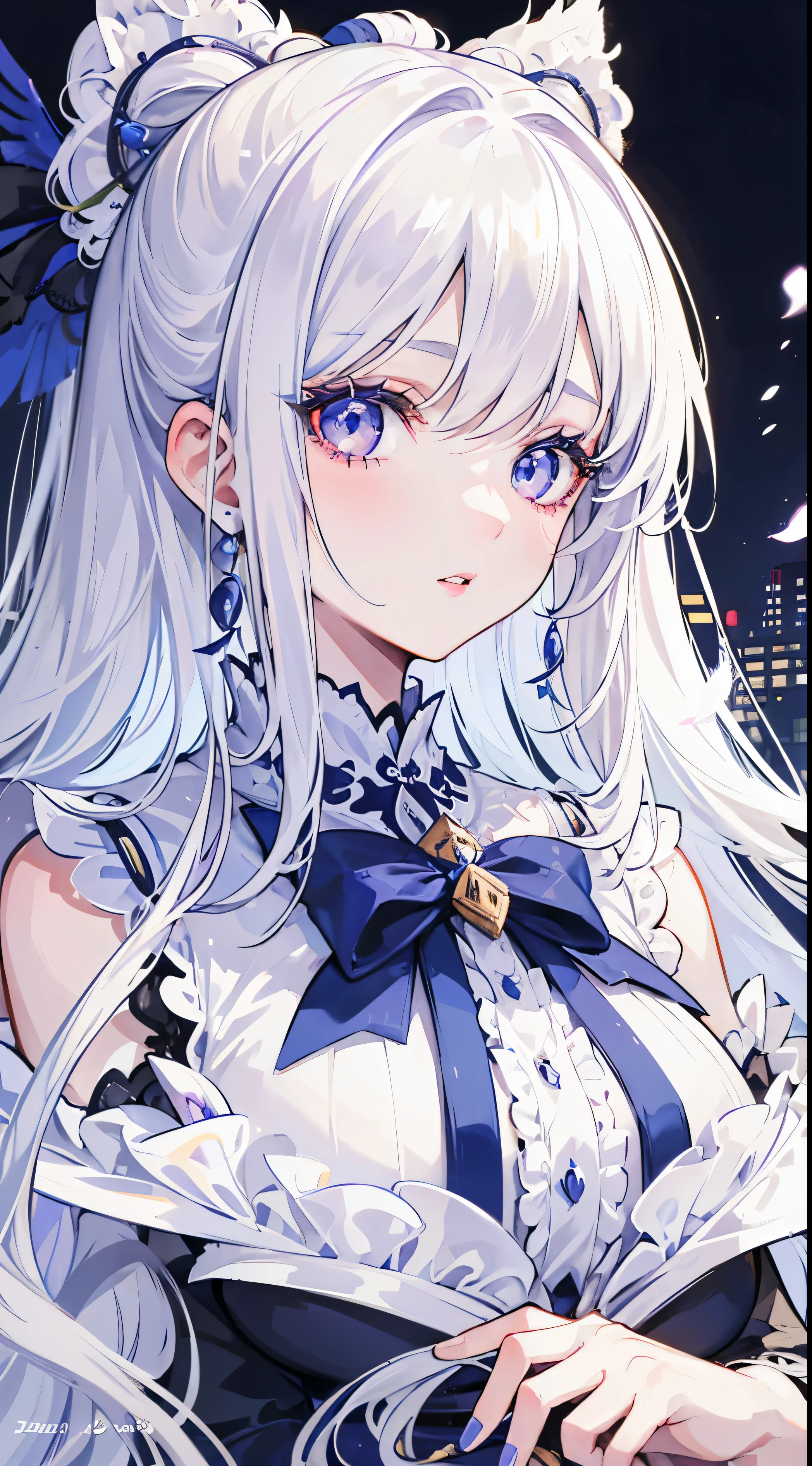 A poster girl with beautiful white hair, detailed facial features (eyes, nose, lips). She has long curly hair that cascades down her shoulders with bows. Her eyes are expressive, with vibrant irises and long eyelashes. In city clothing