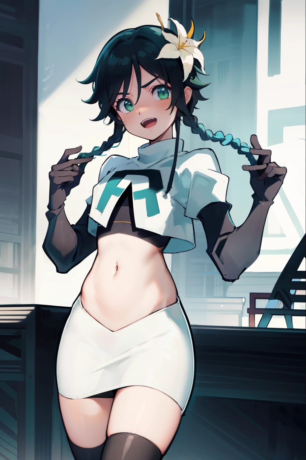 absurdres,venti,1boy, male focus, trap,black hair, green-blue hair, hair braid,hair flower,aqua green eyes,crossdressing,1boy,team rocket,team rocket uniform,white skirt,red letter R,crop top,black thigh-highs,black elbow gloves, laughing,happy, blush